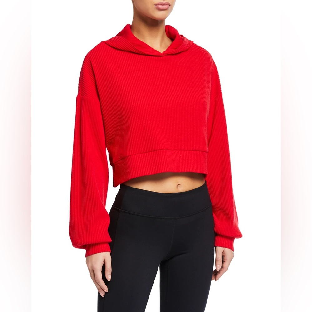 ALO yoga red Muse Rib-Knit Hooded Sweatshirt